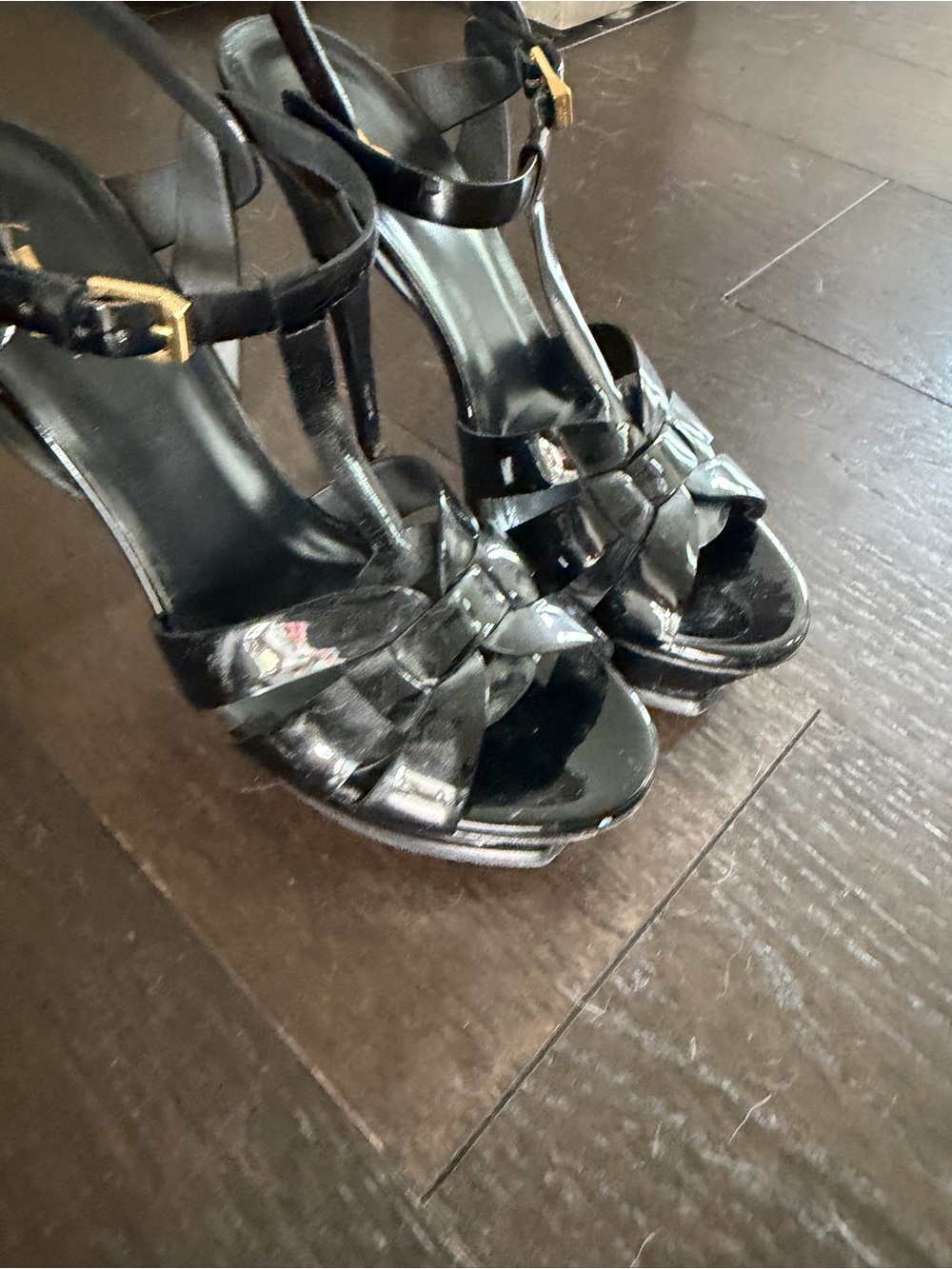 Saint Laurent Black Patent Leather Woven Strappy Heels - Picture 2 of 4